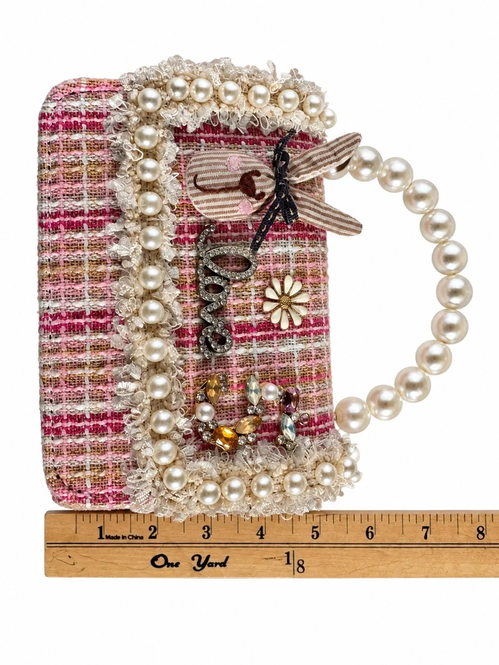 Embellished Pink Tweed Pearl-Handle Top-Handle Bag - Unbranded